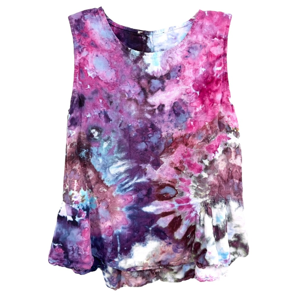 Handmade Linen Tie Dye Tank Top Sleeveless Ruffle Hem Made‎ in Italy Geode